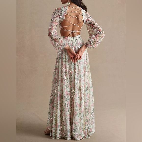 Mac Duggal Sequined Floral Print Cut Out Lace Up Gown A93746 Women’s Sz 8 - Picture 10 of 13